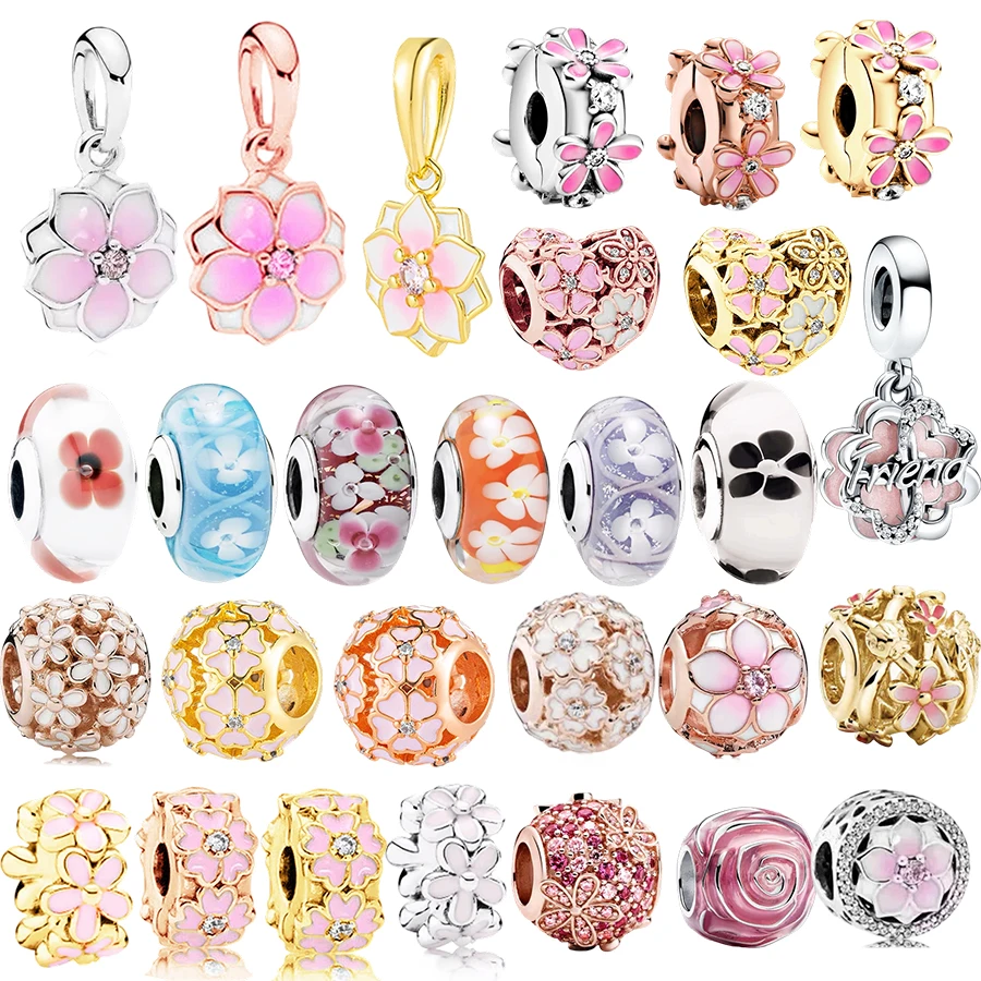 

New Arrivals Sparkling Pink Flowers Series Cherry Blossom Daisy Charms Beads Fit Original Europeans Bracelet DIY Jewelry Gifts