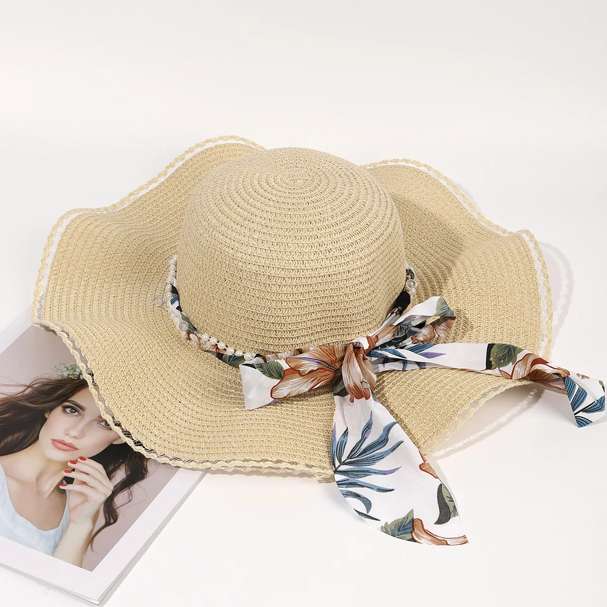 

Pastoral Flower Bow Tie Ribbon Straw Hat Women's Spring And Summer Seaside Travel Sun Protection Big Brim Elegant Bucket Hat