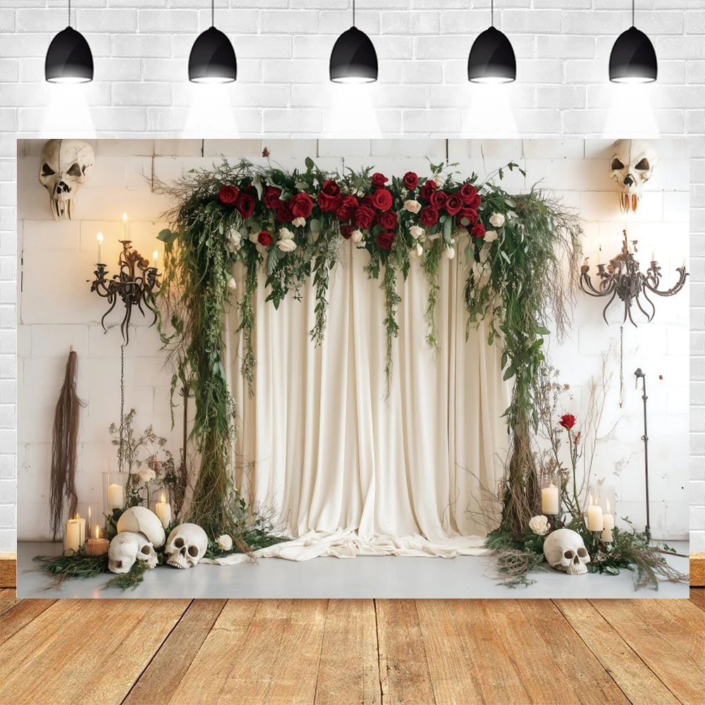 هالوين الرعب تحت عنوان الجمجمة الورود الزفاف خلفية الزهور الحمراء الشموع الاطفال الطفل التصوير الكبار التصوير الفوتوغرافي الدعائم الخلفيات