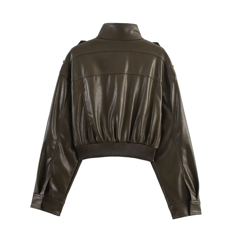 Women's Jacket New Fall 2025 Dark Green Long Sleeve Faux Leather Short Jacket Jacket Biker Style Casual Fashion Personality