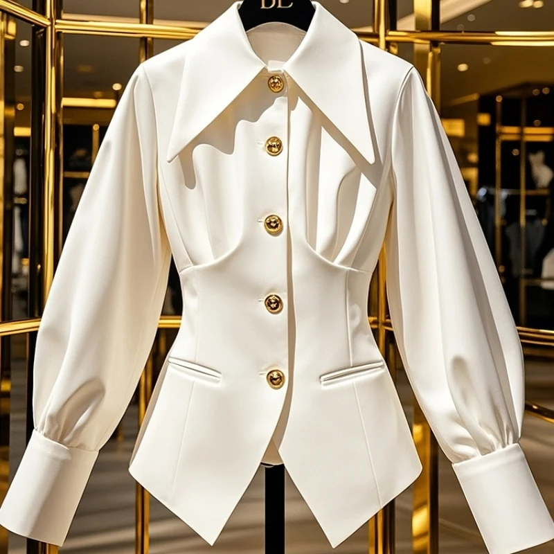 

New White Long Sleeve Waist Shirt Women's Autumn All-match Blouse Lady Waist-cinching Blouse Button Shirt Formal Office Femme