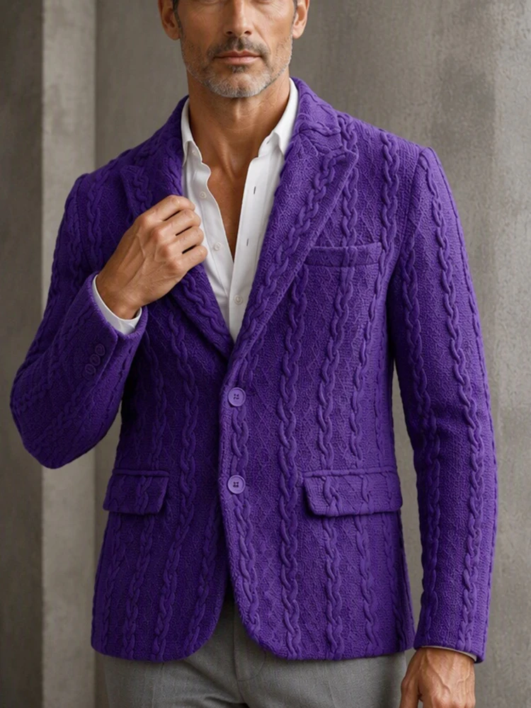 Men's Purple Cable Knit Blazer Two Button Long Sleeve Slim Fit Knitted Suit Jacket Casual Party Business Sport Coat For Winter