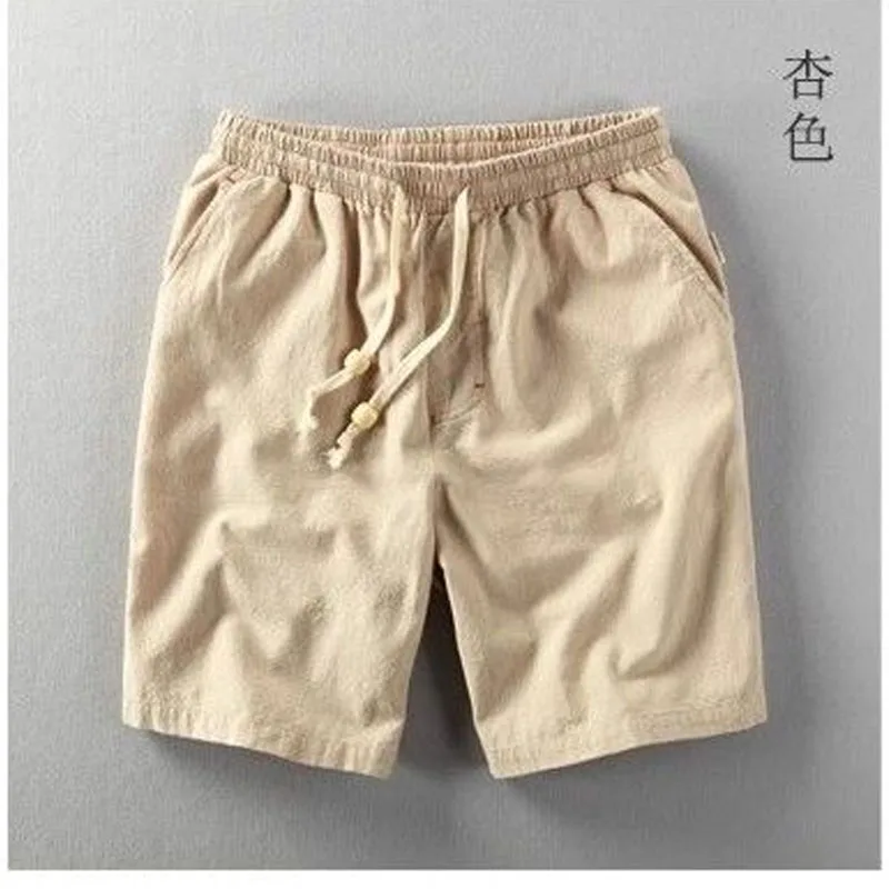 Fashion Simplicity Men Summer Street Casual Flax Elastic Waist Solid Color Thin Style Pulling Rope Breathable Large Size Shorts