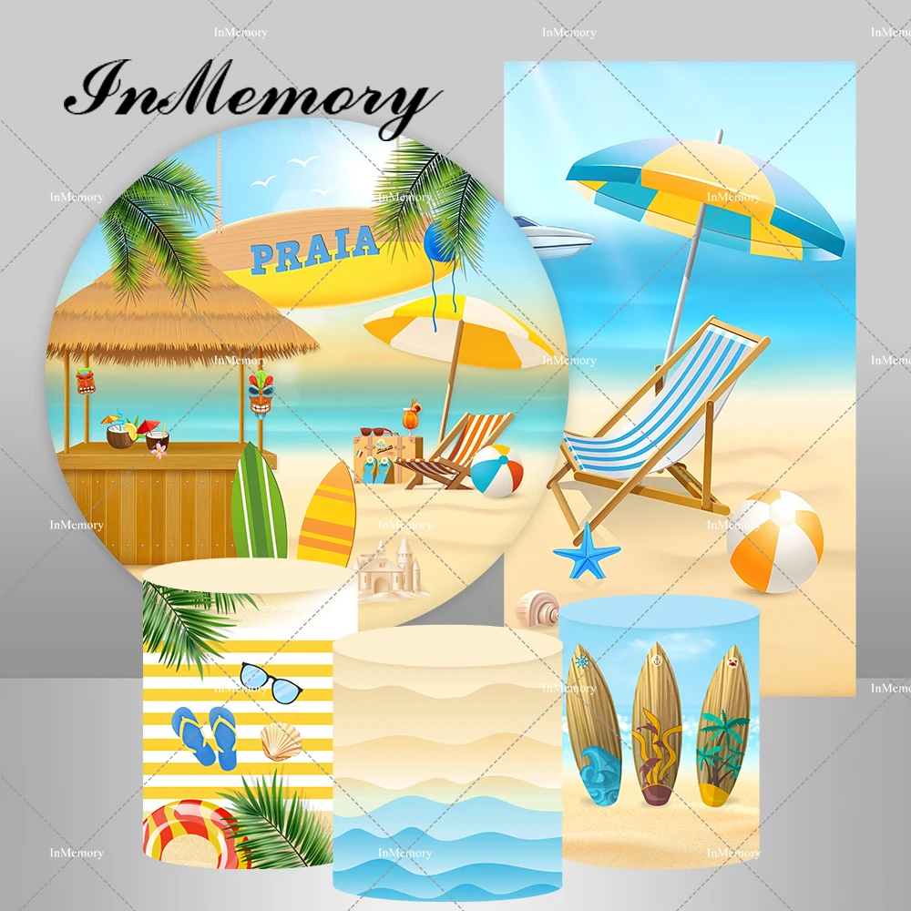 

Summer Holiday Kids Sandy Beach Surfing Birthday Party Round Arch Backdrop Cover Photography Backgrounds Pedestal Covers