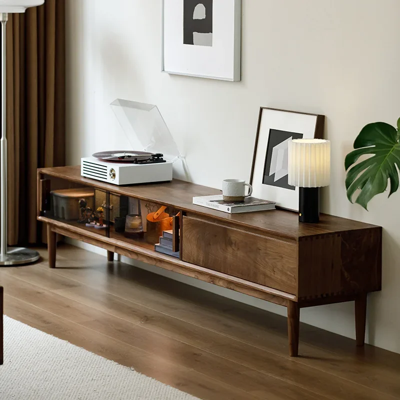 Black walnut Nordic minimalist style living room glass display cabinet with light strip Japanese TV cabinet