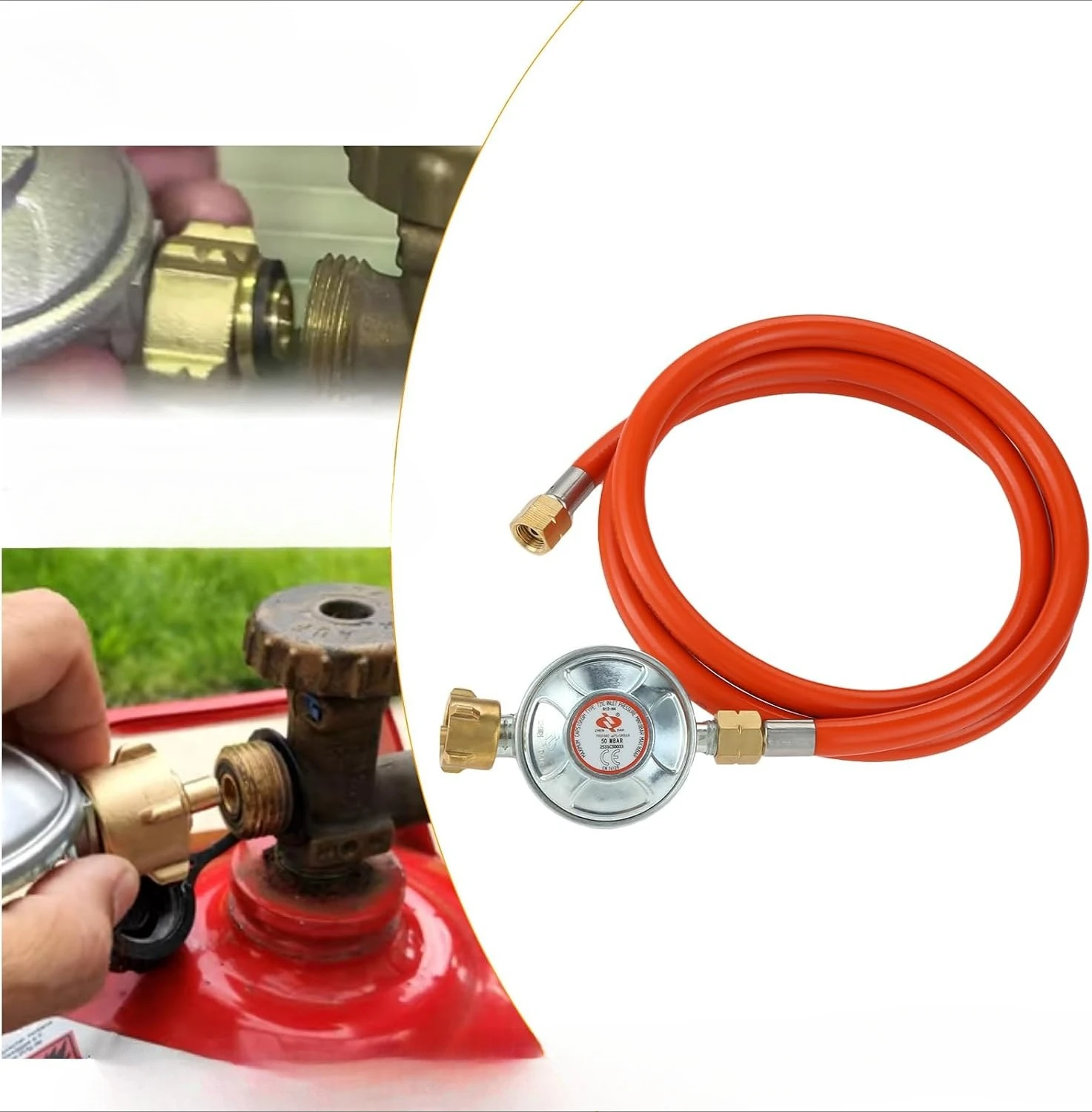 50 Mbar Gas Regulator with 1.50 M Gas Hose 1/4 Inch Left Thread Pressure Regulator for Barbecues Grills Camping German Standard