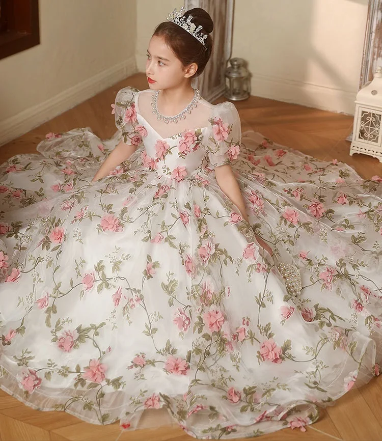 Robe de soirée princesse pour enfants, motif de perles imprimées de fleurs à la mode, mariage, anniversaire, baptême, Pâques, fête de l'Aïd, robes pour filles