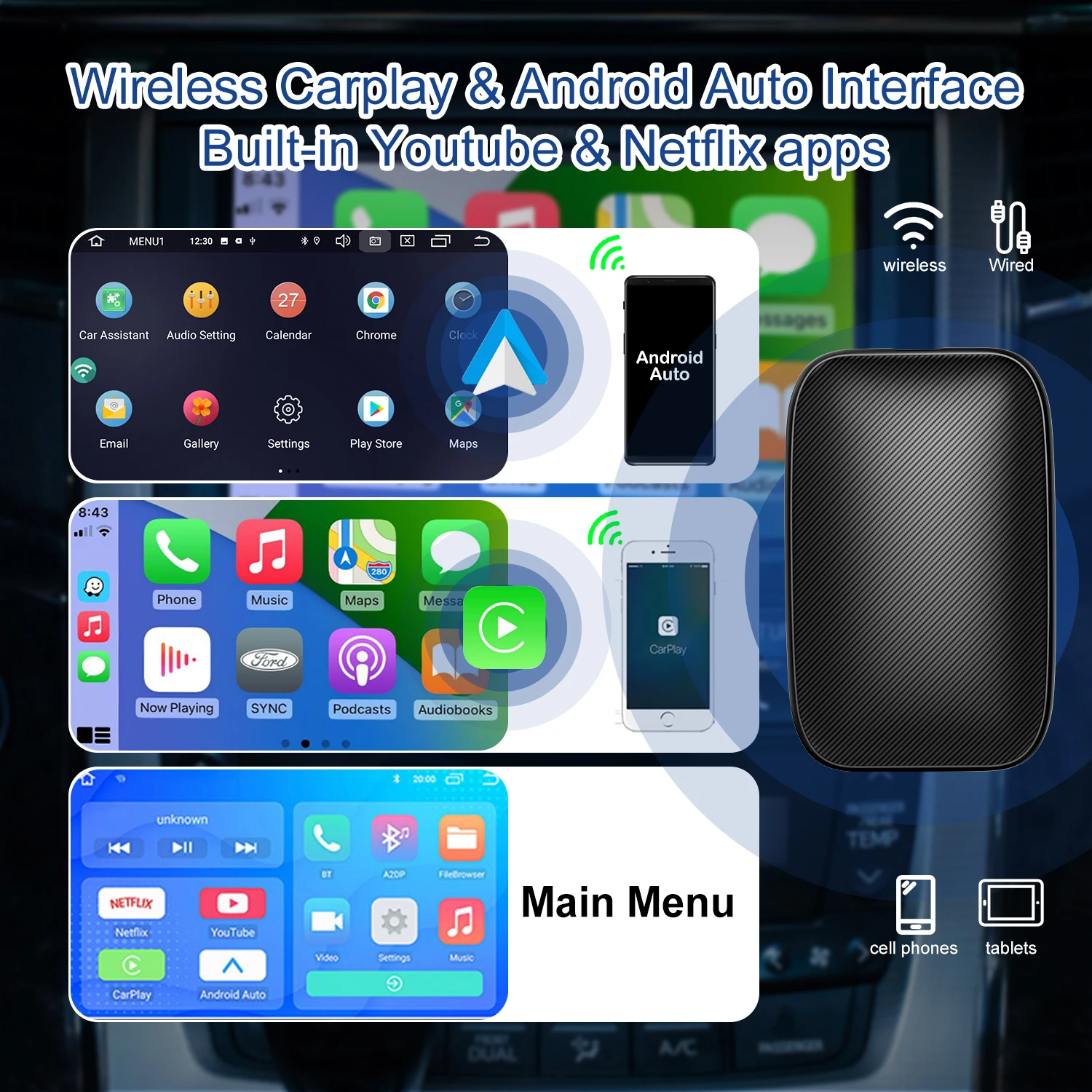 

Android Ai Box Wired to Wireless CarPlay Adapter Android Auto Upgraded Car with Netflix YouTube Multimedia Video Player-2023 NEW