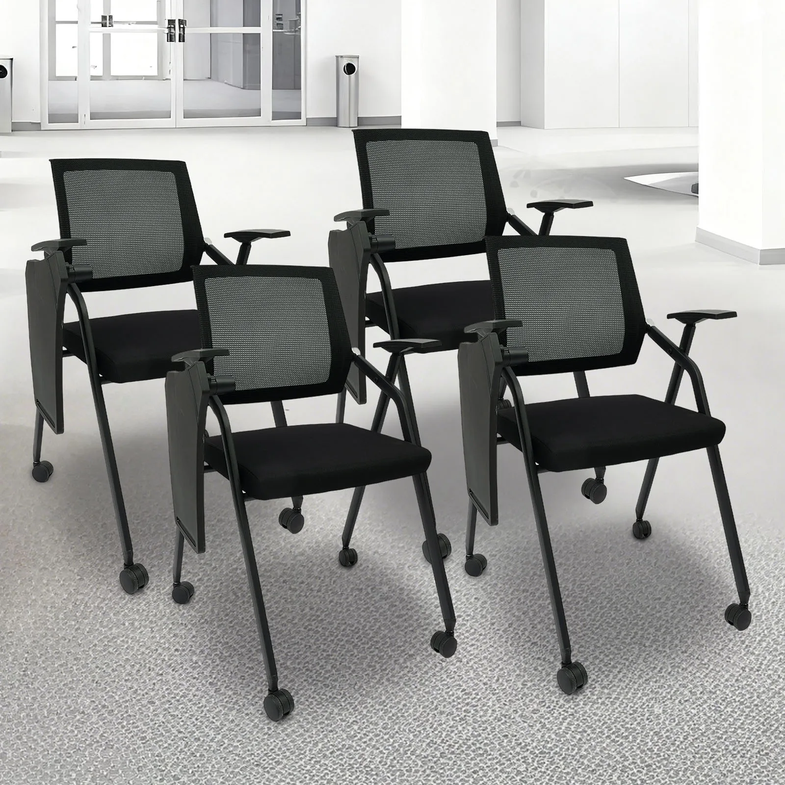 4-Pack كرسي غرفة الاجتماعات الأسود كرسي اجتماع مكتب قابل للطي مع مسند ظهر شبكي مقعد مبطن 440LBS تحميل عجلات PU للمنزل