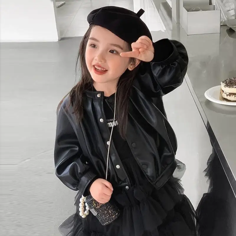 Spring New Girls Leather Jackets for 2-8 Years Children Classics Round Neck Coats Kids Clothing Baby Girls Fashion Pu Outerwear