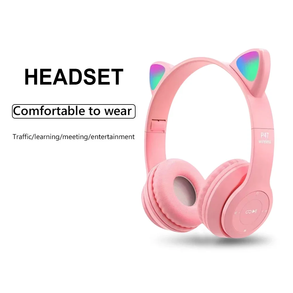 P47M مصباح ليد لطيف القط الأذن سماعات لاسلكية بلوتوث متوافق 5.0 سماعة الألعاب Hifi سماعات رياضية للهاتف الكمبيوتر