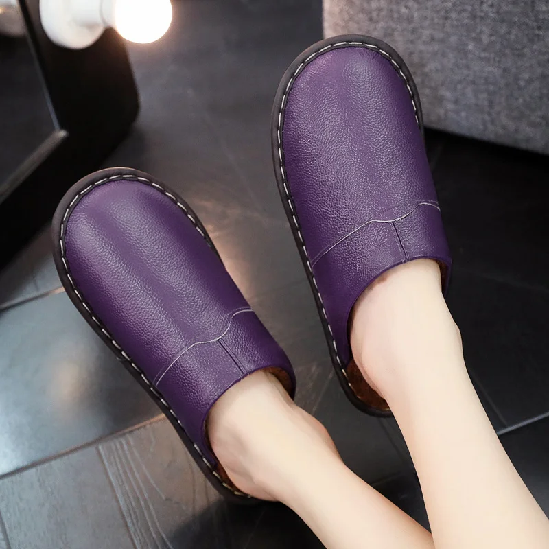 Marca casa chinelos de couro masculino e feminino artesanal ponto chinelos de pele interior conciso casais slides de pelúcia antiderrapante quarto