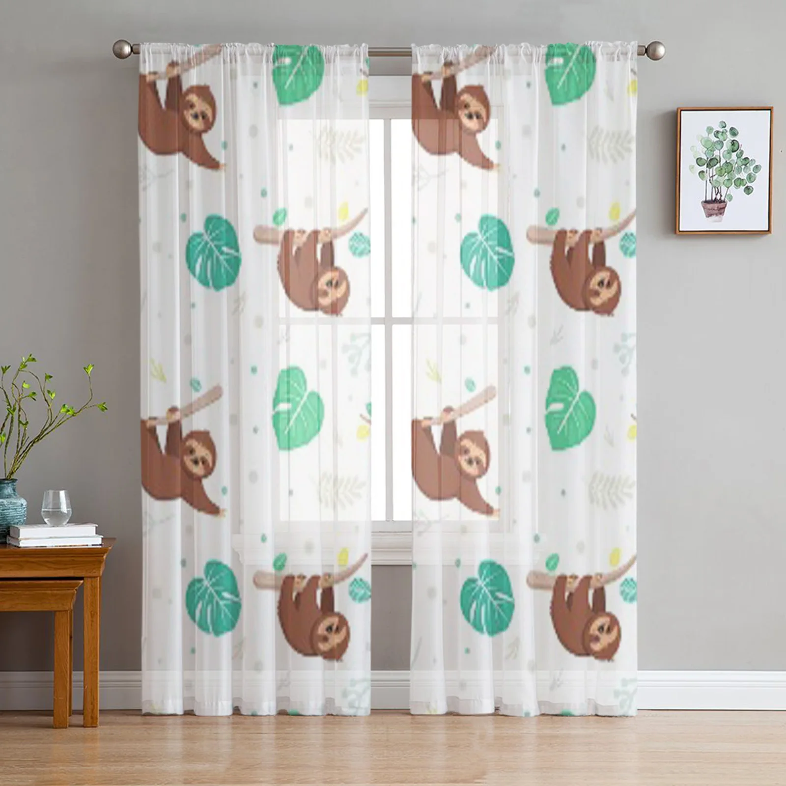 Tropical Leaves Sloths Sheer Curtains for Living Room Transparent Tulle Window Treatments Bedroom Kitchen Home Decor Veil Drapes