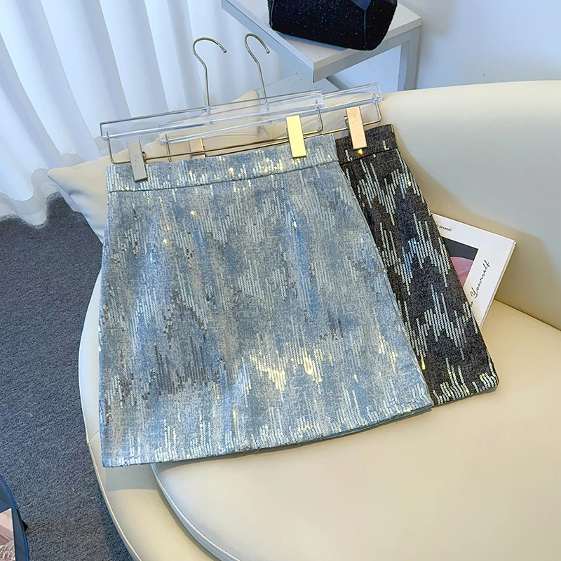 Bomon Light Luxury Sequin Denim Skirt Sexy Spice Club Slim A-Line Skirt Korean Version Of Retro High-Waisted Women's Mini Skirt