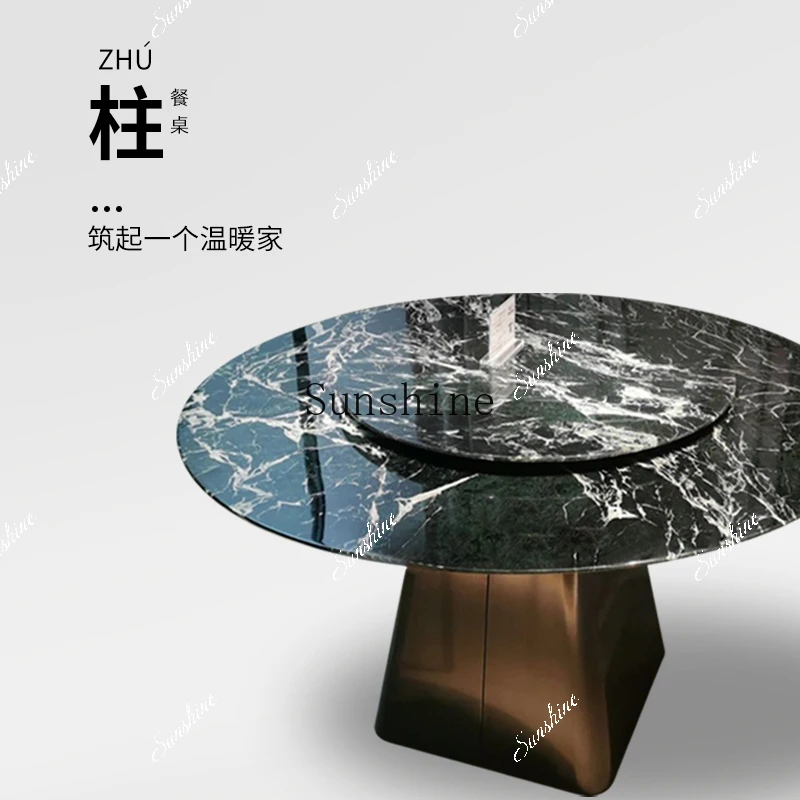 Large flower green marble round dining table with turntable can be customized modern simplicity  FT