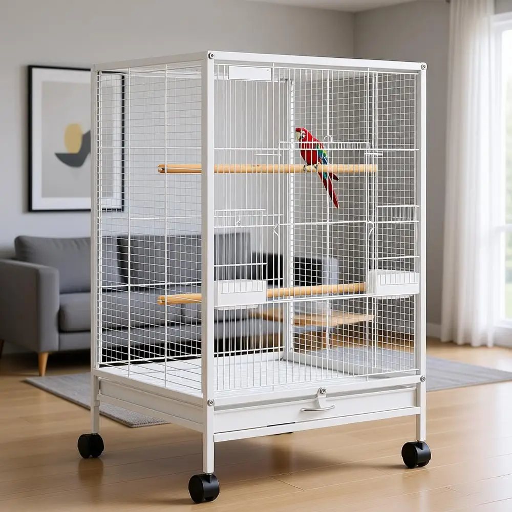 

Белая кованая клетка для птиц на 30 мест с подставкой на колесиках для конуров, неразлучников и корелл