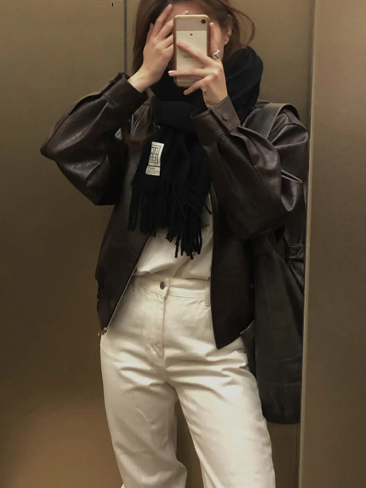 

Waed Lychee Skin ort Leather Jaet Loose Slimming Motorcycle Sle Coat Spring New Arrival Women's Faion Outerwear