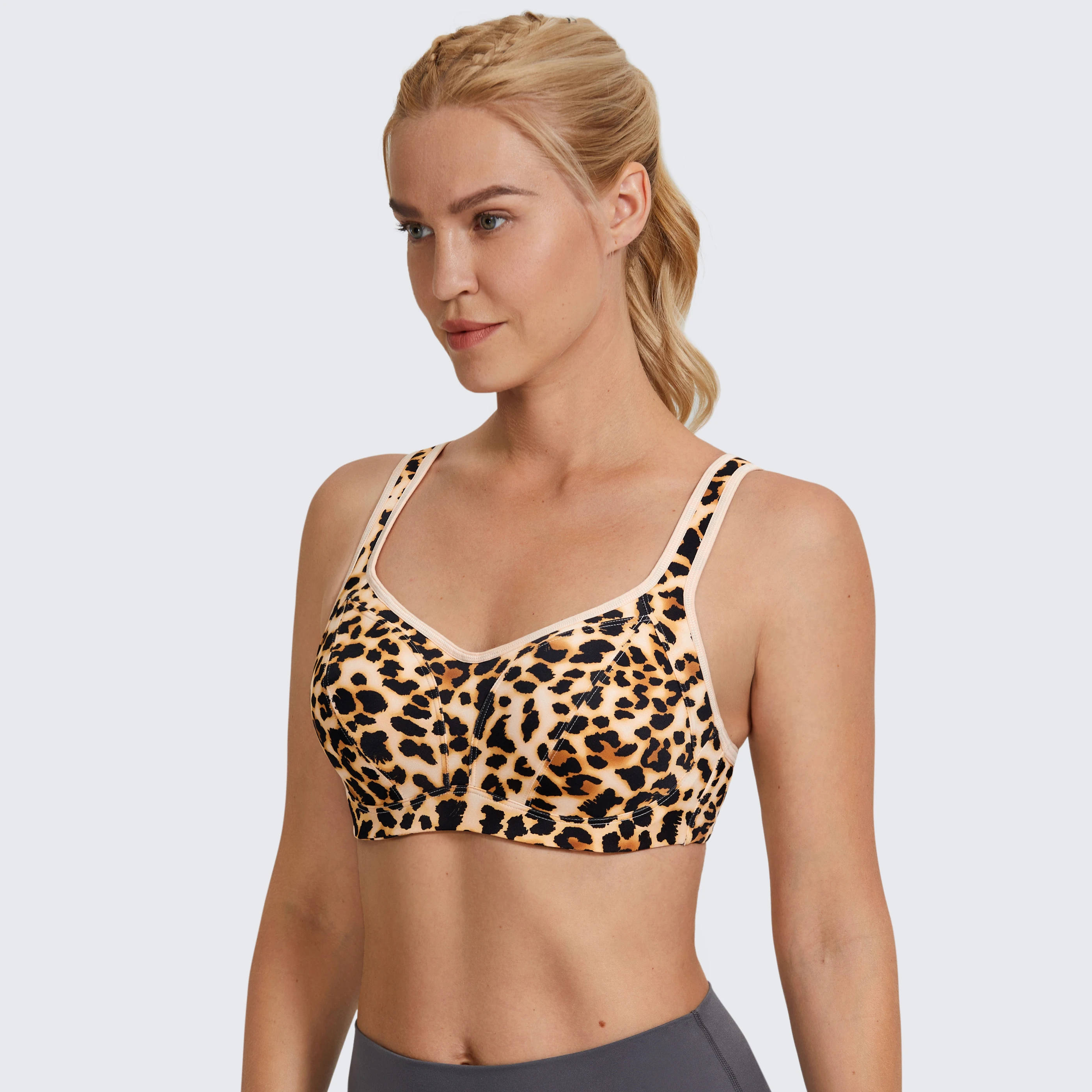 SYROKAN Women Leopard Printed Bras High Impact Underwire Support Plus Size Full Figure Pad Sports Bra Workout Underwear Bralette