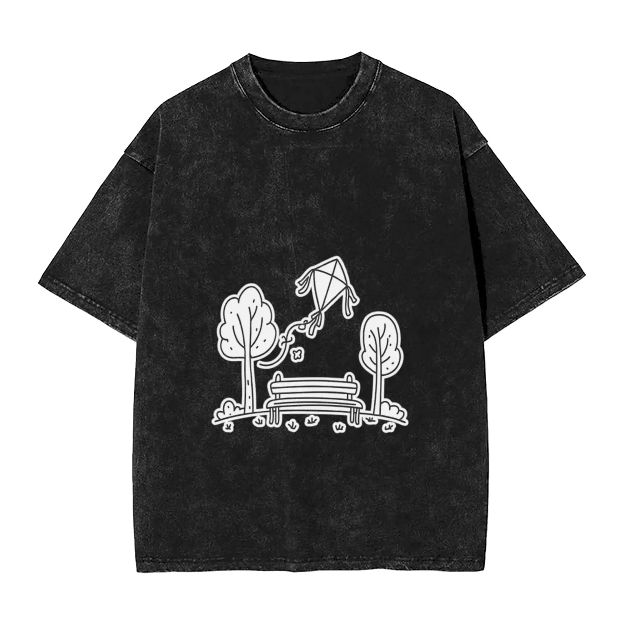 Kite flying above a quiet park in doodle sketch Classic Cool A Washed T Shirt Men's Women's Oversized Cotton Tees Tops