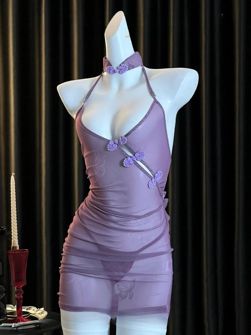 Paarse oude Chinese Hanfu-stijl sexy nachtjurk, transparant kanten mesh, hoge split cheongsam pyjama, doorzichtige diepe V-borst