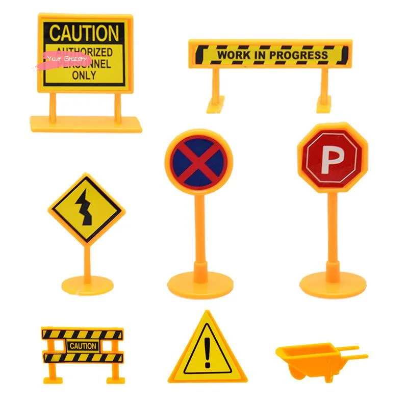 8Pcs Miniature Dollhouse City Engineering Road Sign Yellow Traffic Model Simulation Ornament Doll House Accessories