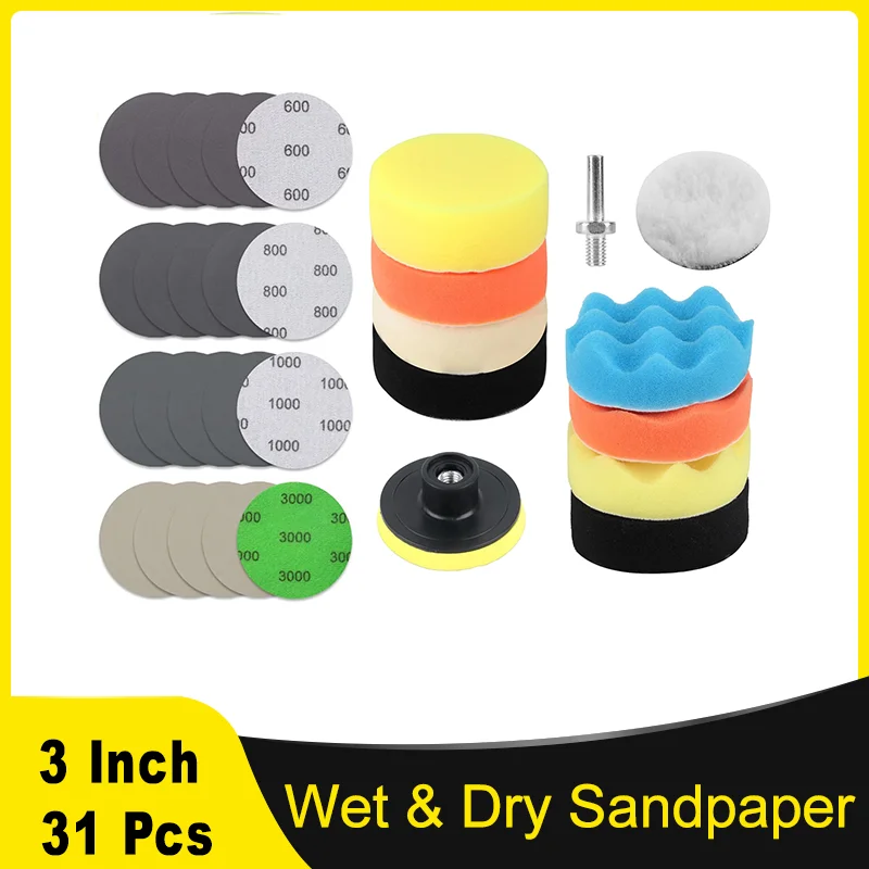 

3Inch 75MM Wet and Dry Sanding Paper Kit 31Pcs with Assorted 600-3000 Grit and Poishing Pad and Backing Pad for Polishing Car