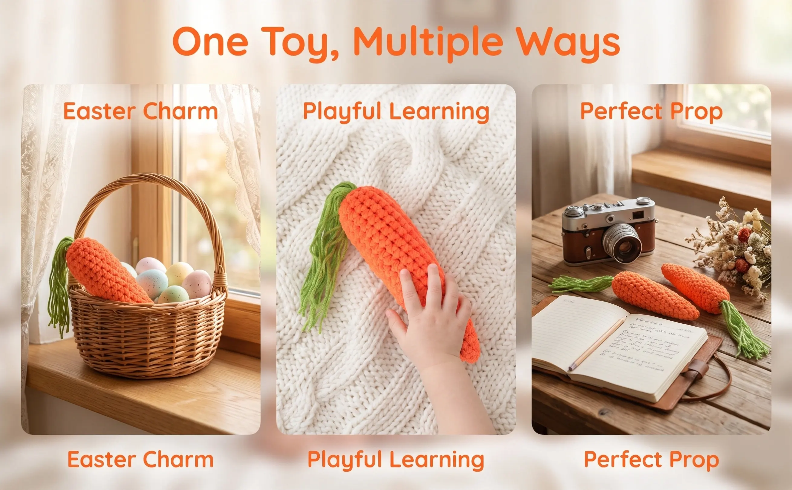 2Pcs Premium Woolen Yarn Knitted Carrot Ornament Realistic Vegetable Decor for Store Cabinet Kids Teaching Easter Party Props