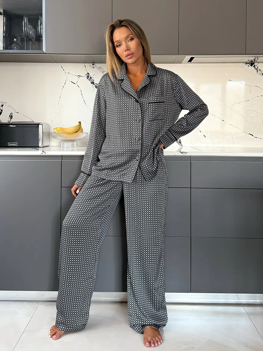 

Marthaqiqi Printing Ladies Pajamas Set Long Sleeve Sleepwear Sexy Turn-Down Collar Nightwear Pants Winter Female Nightgowns Suit