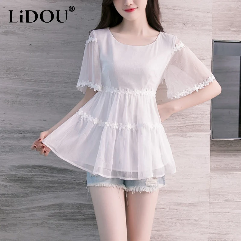 

2023 Summer New Women's Clothing Round Neck Solid Color Lace Patchwork Short Sleeve Tops Women Thin Style Fashion Chiffon Shirt