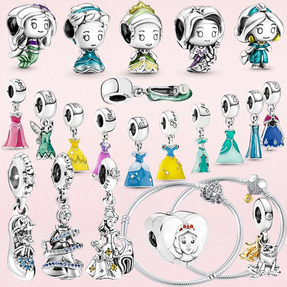 Disney 925 Silver Snow White Cinderella Belle Mermaid Anna Princess dress Bead Fits Original Pandora Bracelets DIY Jewelry Gifts