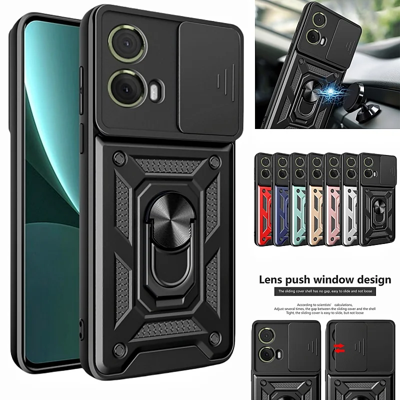 

Slide Lens Protect Shockproof Armor Case For Motorola Moto G85 G75 G55 G35 5G G04 G04S G24 G34 E14 Magnet Car Holder Ring Cover
