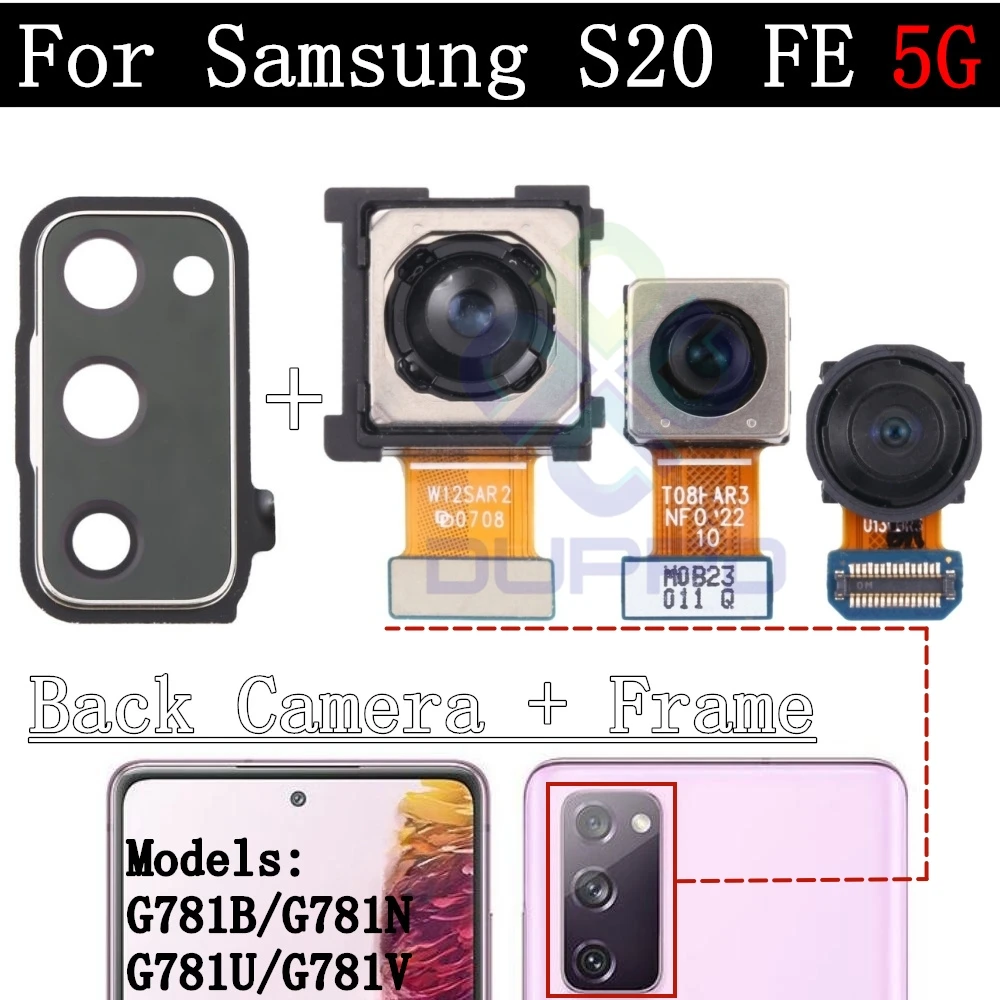 S20FE Front Rear Camera For Samsung Galaxy S20 FE 5G Back Camera Glass Lens Cover With Frame Holder Replacement Part