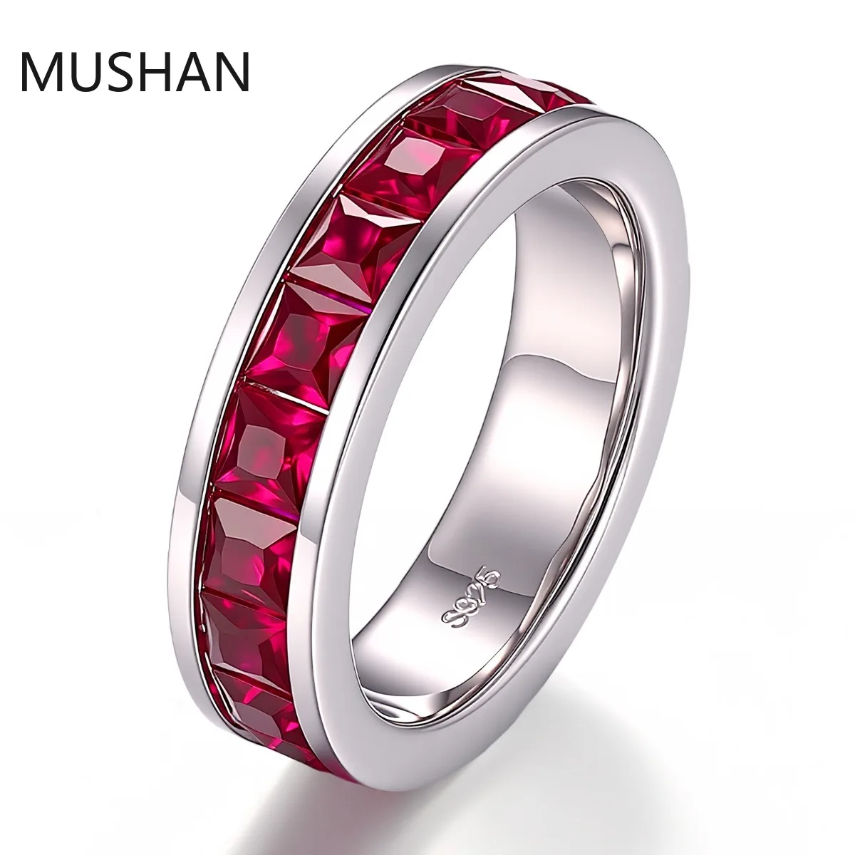 MUSHAN Luxury Custom Princess Cut Lab Grown Ruby Rings Band 925 Silver 10K 14K 18K Gold Jewelry Women Birthday Gift Wedding Ring