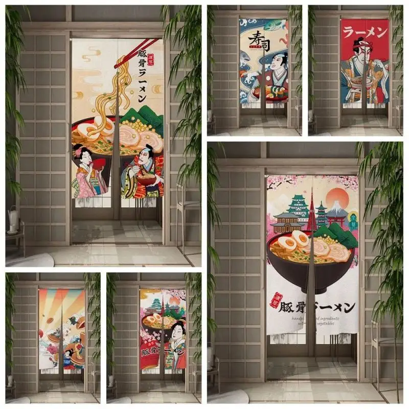 VIKAMA Japanese Ramen Sushi Noren Door Curtain Ukiyo-e Geisha Samurai Print Partition Curtain Restaurant Shop Decor