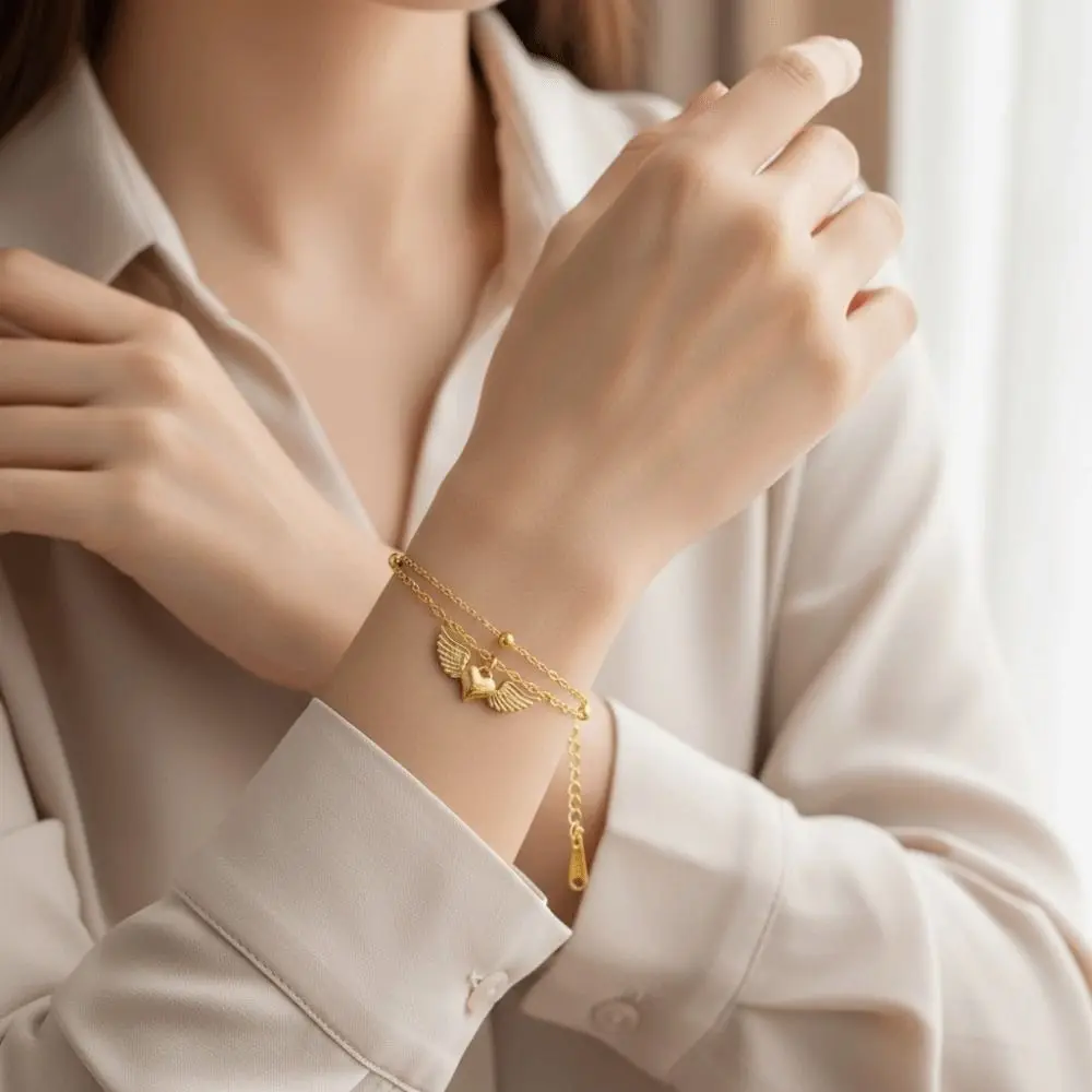 djustable Design Heart Wing Bracelet Beads Chain Waterproof Double Layer Chain Bracelet Heart Key Bracelet For Girls