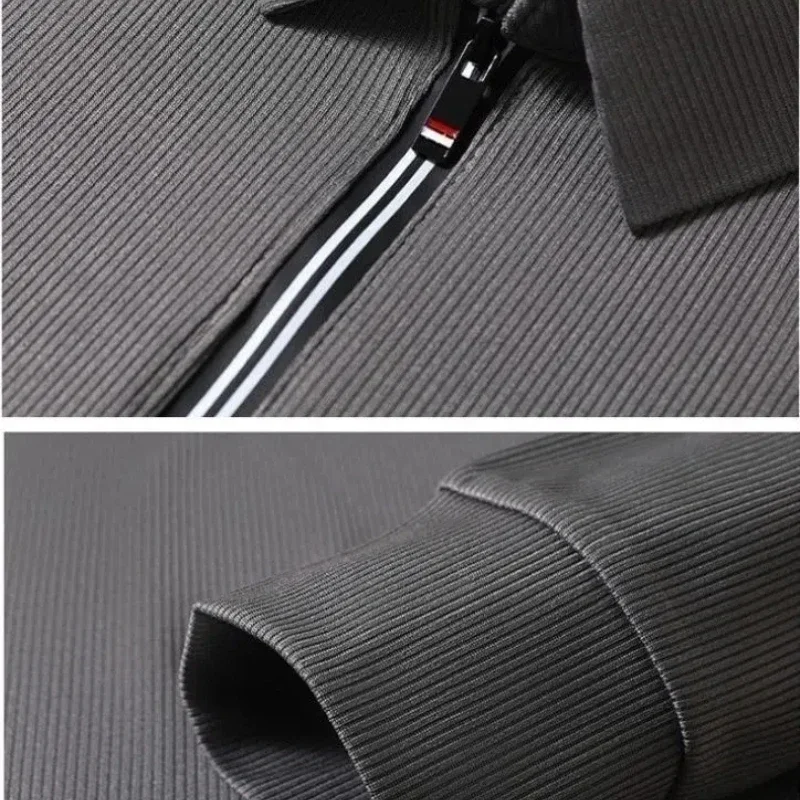 Business Casual Men Polo Shirts Spring Autumn Solid Lapel Half Zipper Streetwear Fashion Office Social Long Sleeve T-shirt Tops