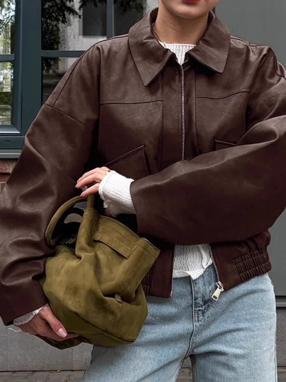 جاكيت جلد بني عتيق للنساء، ملابس خارجية عادية للتنقل اليومي، معطف قصير دافئ من مادة البولي يوريثين، أكمام طويلة، إغلاق بسحاب،...