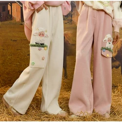 Japanese Style Sweet Lolita Pink Corduroy Pants Women Cute Sheep Flower Embroidery Wide Leg Trousers Korean Girls Loose Pantalon