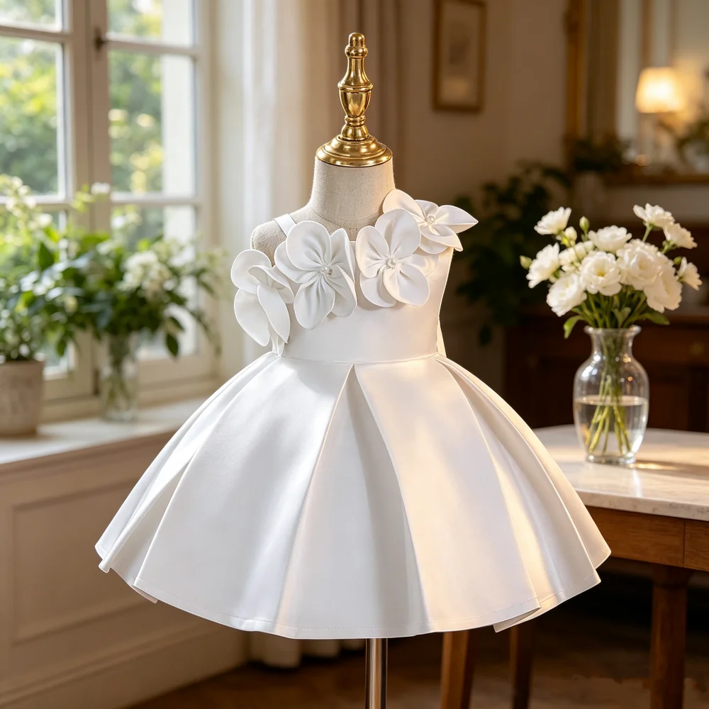 Flower girl dress princess dress little girl halter top with beaded flowers satin tulle skirt piano performance costume