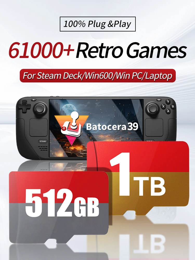 Carte de jeu de 1 To avec 61000 jeux rétro pour console portable SteamDeck/Win, carte TF Batocera 39 pour PSP/N64/PS3/PS2/PS1/MAME/Neogeo