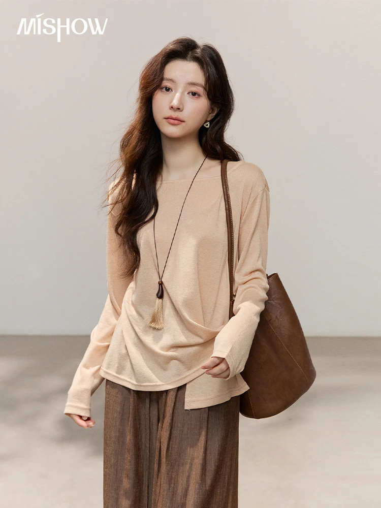 MISHOW Women's Boat Neck Tees with Necklace 2026 Spring Asymmetric Hem Lyocell Cotton Linen Top Loose Knitted T-Shirt MXF15T1518