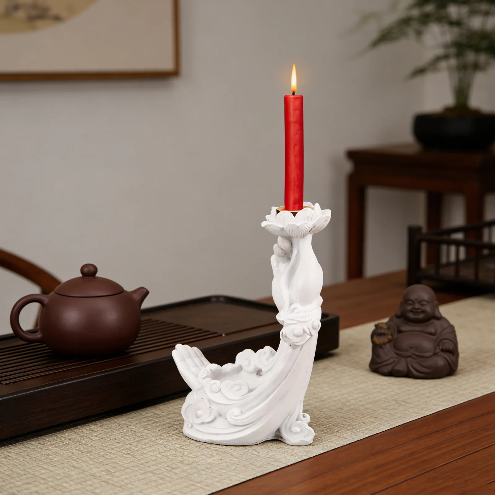 Lotus Flower Tealight Holder White Retro Buddha Hand Votive Candlestick Holder for Meditation Living Room Spiritual Zen view 5