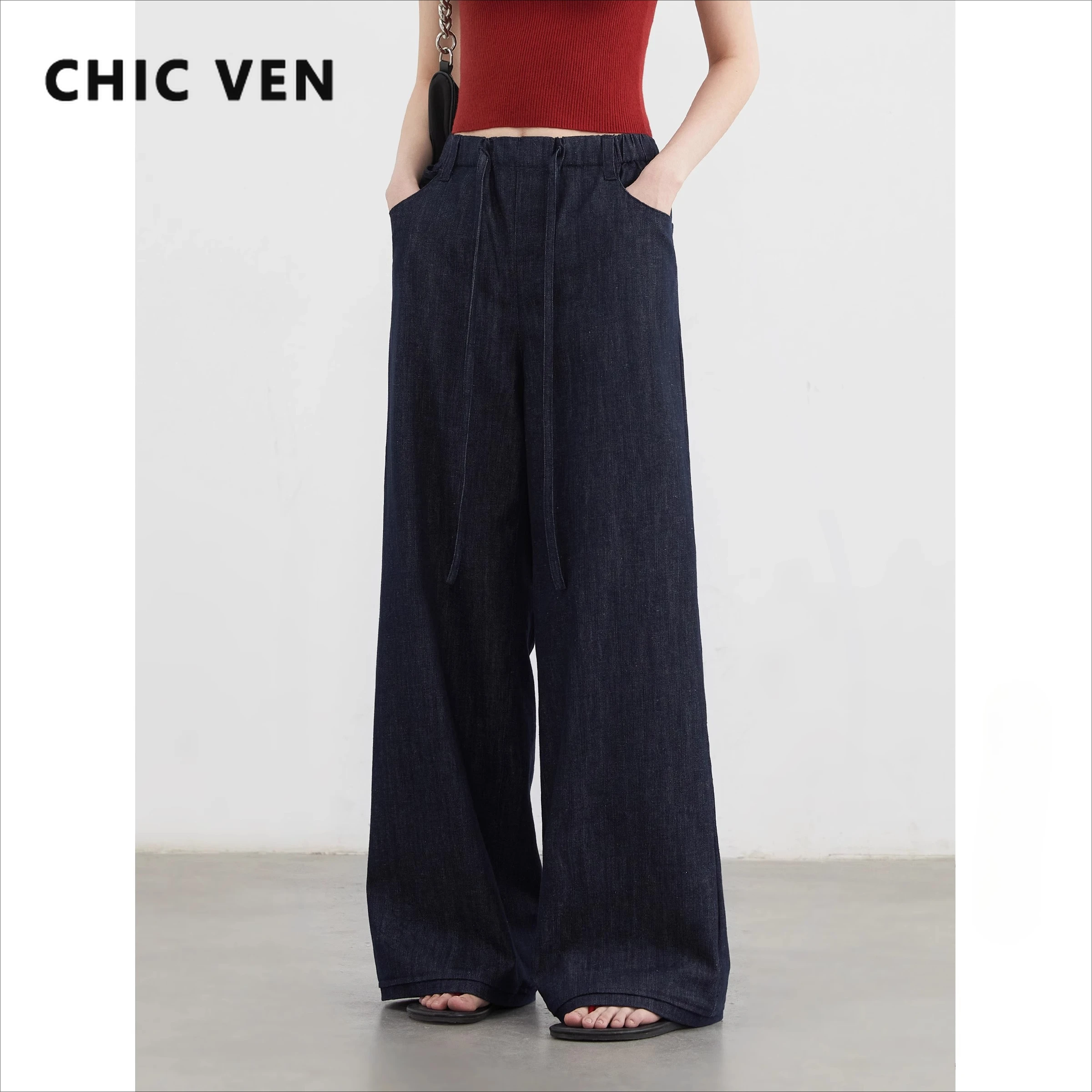 CHIC VEN Women Denim Pants High Waist Solid Casual Drawstring Wide Leg Jeans Loose Female Pants Spring Summer 2025