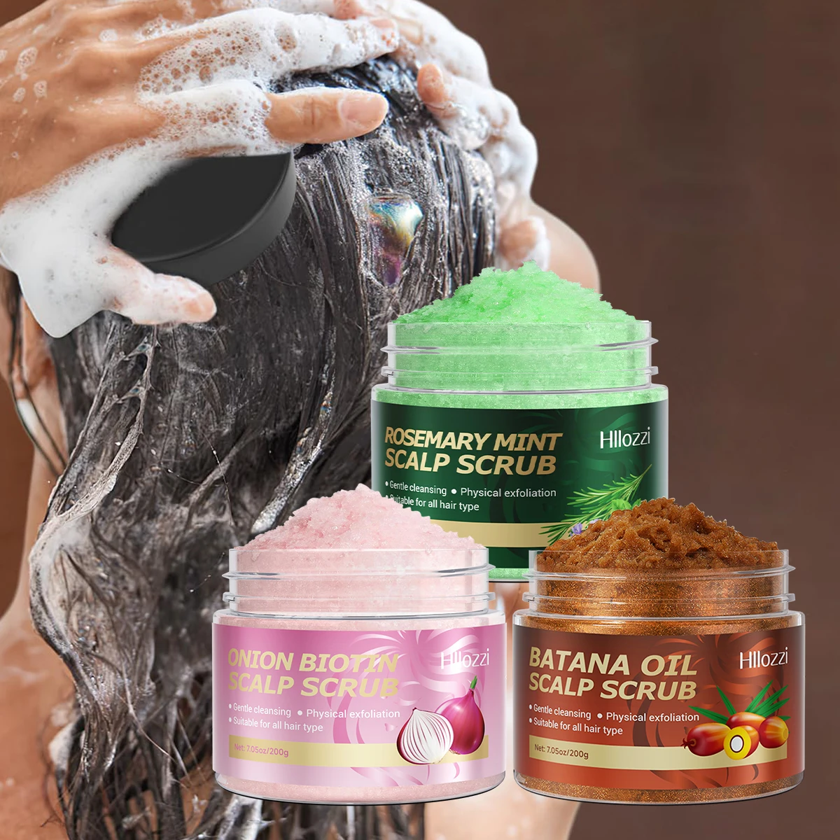 A variety of scented scalp scrubs, providing smoothing and moisturizing benefits, deep cleansing, and includes a free brush.
