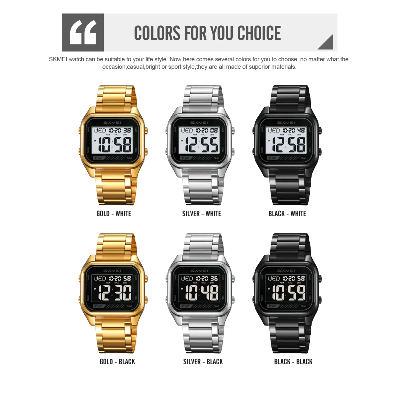 SKMEI 럭셔리 비즈니스 남성 디지털 시계 스테인레스 스틸 카운트다운 스톱워치 손목 시계 패션 전자 운동 시계 2478