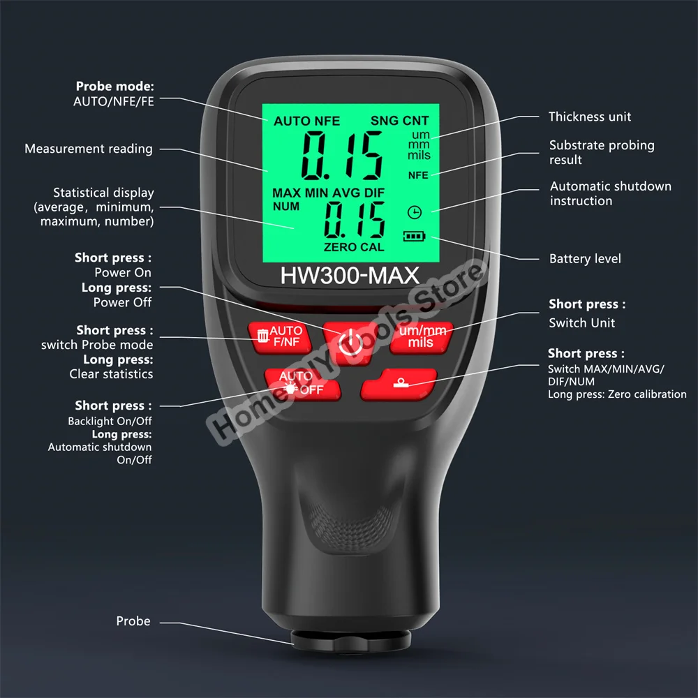 HW-300 Car Paint Thickness Gauge Electroplate Metal Coating Thickness Gauge for Car 0-2000μm Coating Tester Meter