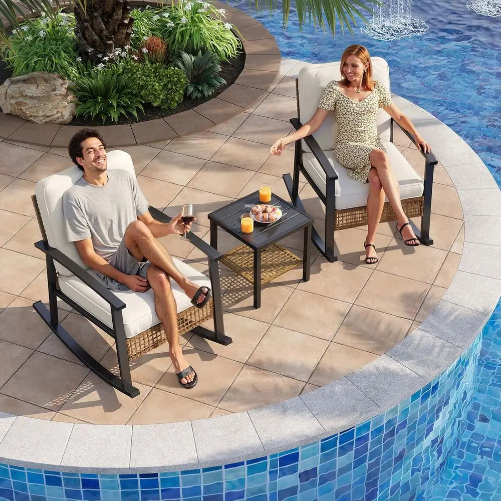 3-Piece Outdoor Rocking Bistro Set, Patio urniture Set with Coee Table and Thick Cushions, Wicker Rocking Chairs Set o 2 or Gard view 5