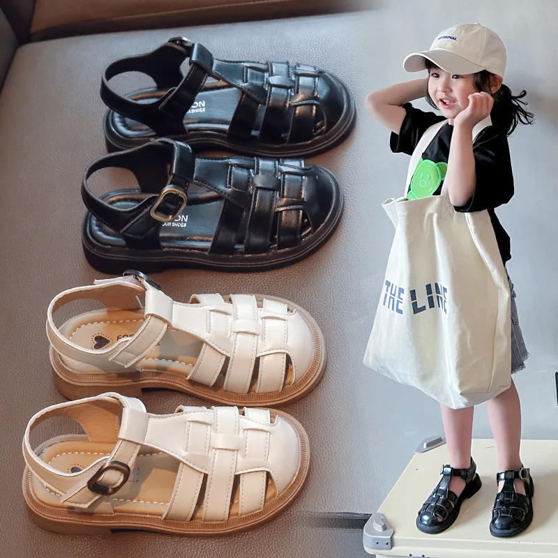 Kids Summer Roman Shoes Children Solid Color Classic Britain Style Uniform School Shoes Fashion Boys Girls Toes Wrapped Sandals