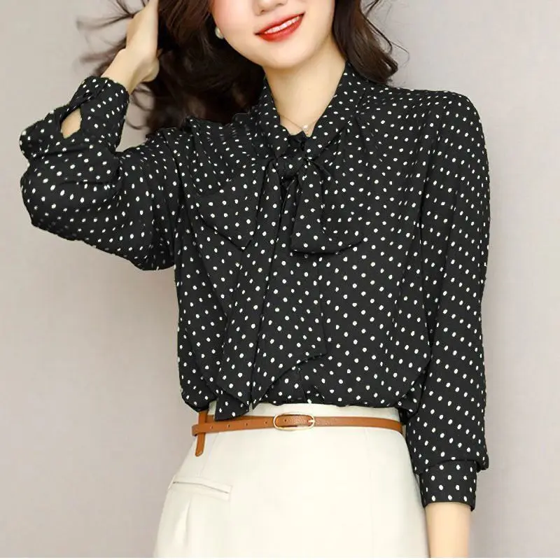 Women Long Sleeve Polka Dot Lacing Shirts Slim Thin Top Elegant Fashion Casual Clothes Temperament Spring, Autumn Seasons New