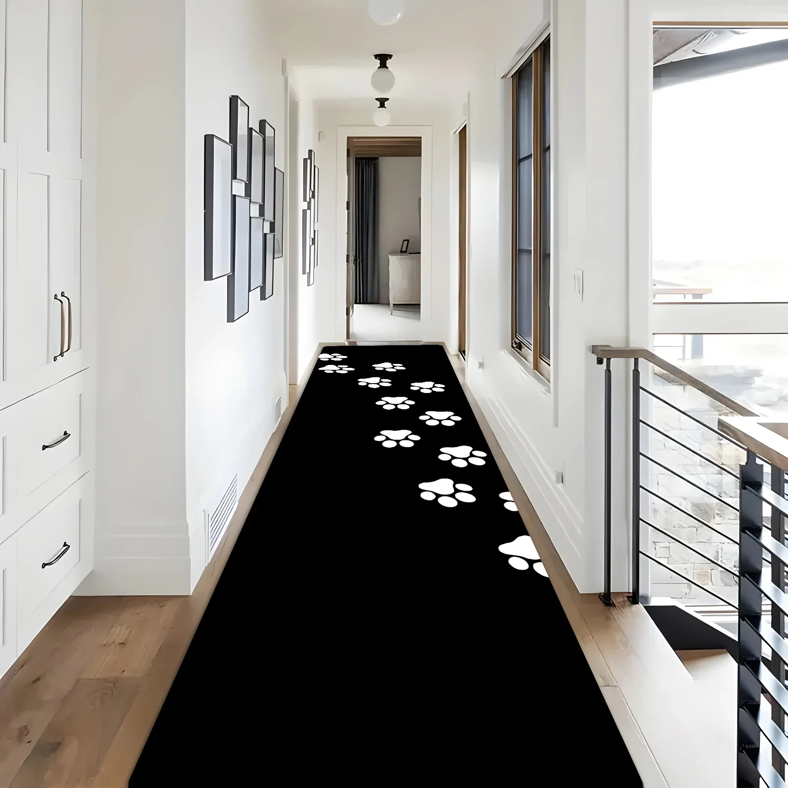 -1pc Minimalist Black Pet Paw Print Hallway Runner Rug, Machine Washable Rug for Hallway, Living Room, Bedroom, Sunroom - Hard
